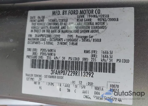 2009 Ford Fusion Se from USA, damaged, VIN 3FAHP07Z29R113292